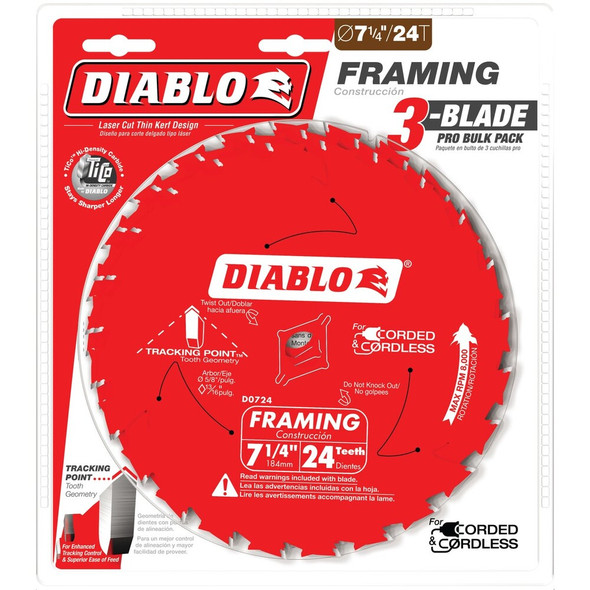 Diablo 7-1-4 In. 24-Tooth Framing Circular Saw Blade (3-Pack) D0724X3 328043