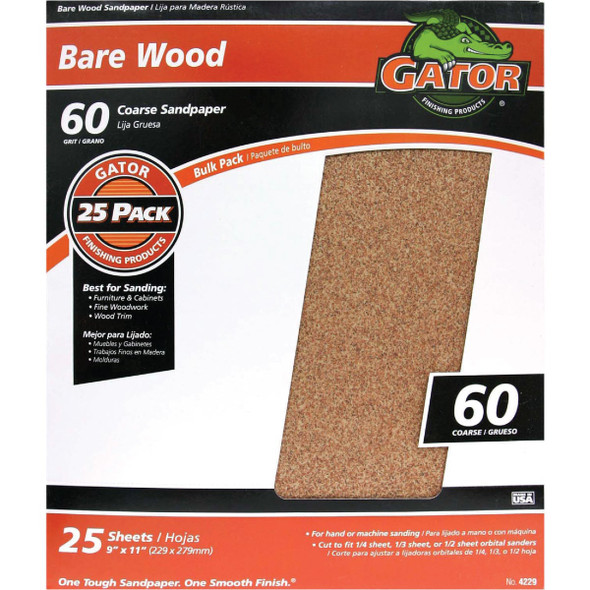 Gator Blade Bare Wood 9 In. x 11 In. 60 Grit Coarse Sandpaper (25-Pack) 4229