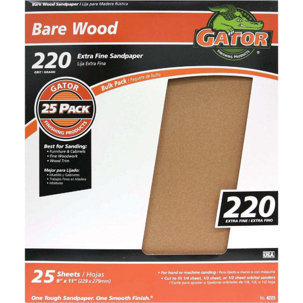 Gator Blade Bare Wood 9 In. x 11 In. 220 Grit Extra Fine Sandpaper (25-Pack)