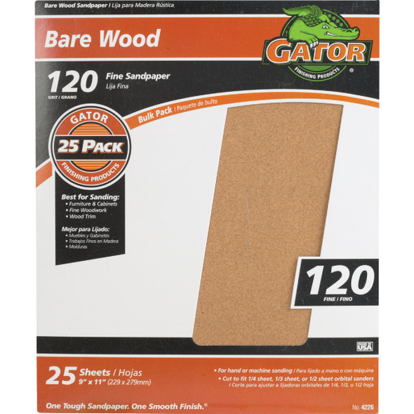 Gator Blade Bare Wood 9 In. x 11 In. 120 Grit Fine Sandpaper (25-Pack) 4226