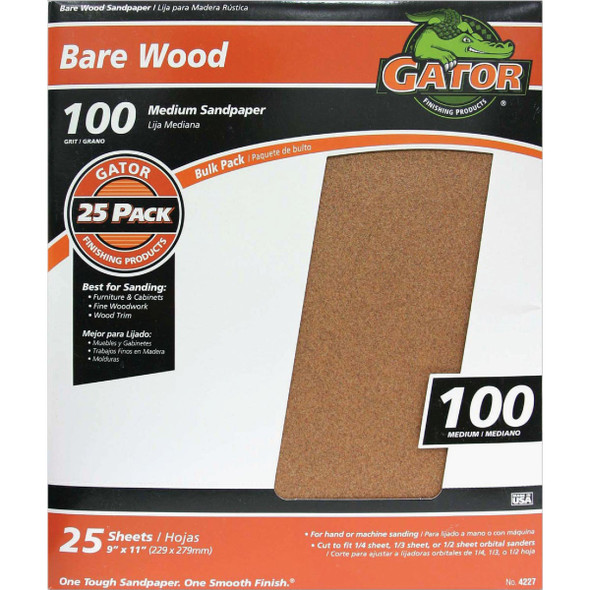 Gator Blade Bare Wood 9 In. x 11 In. 100 Grit Medium Sandpaper (25-Pack) 4227