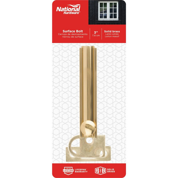 National Hardware Gallery Series 3 In. Polished Brass Door Surface Bolt N197-970 216590