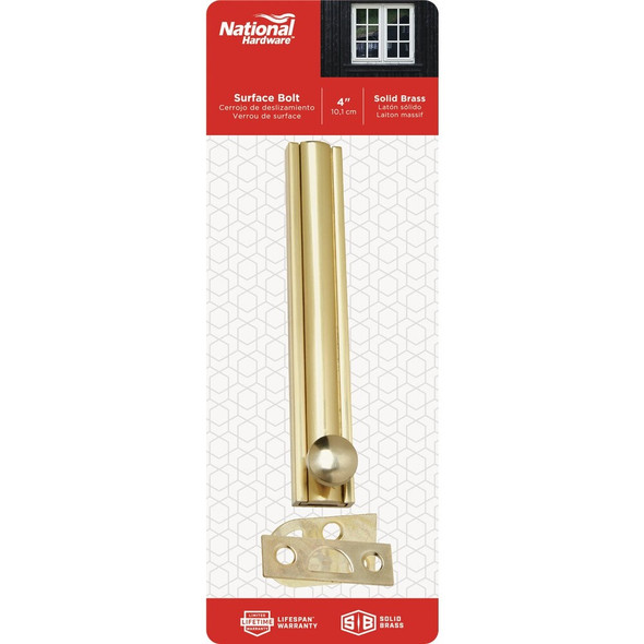 National Hardware Gallery Series 4 In. Polished Brass Door Surface Bolt N197-988 241296