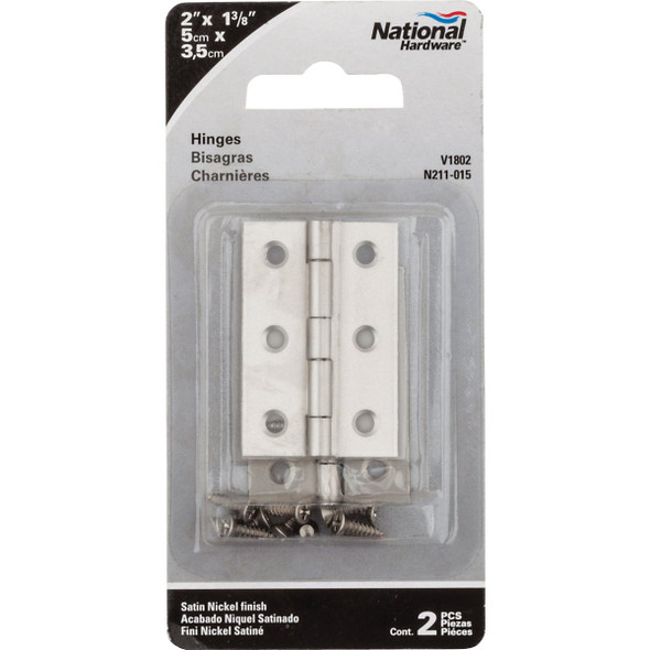 National Hardware 2 In. x 1-3/8 In. Satin Nickel Broad Hinge (2-Pack)