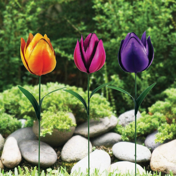 Alpine 21 In. Metal Realistic Tulip Garden Stake Lawn Ornament Pack of 24 QEL828A 873314