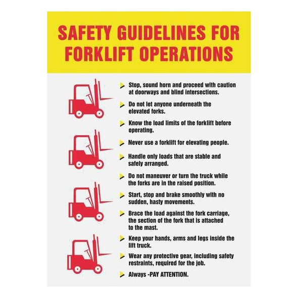 Poster, Safety Guidelines For Forklift Operations, 22 in H x, 17 in W, Plastic