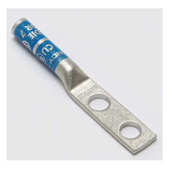Two-Hole Compression Lug, 6 AWG Max, 1/4 in Stud, Long Barrel, Copper, Blue