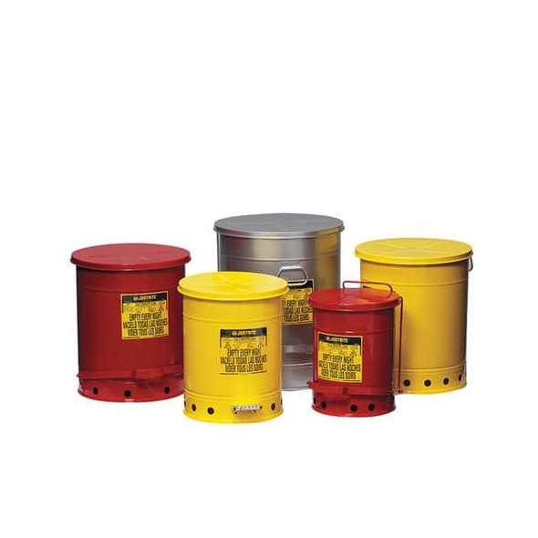 Justrite Oily Waste Can, 10 Gallon Capacity, Galvanized Steel, Red, Foot Operated Self Closing 09300