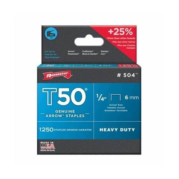Heavy Duty Staples, T50, 18 ga, Flat Crown, 1/4 in Leg L, Steel, 1250 PK