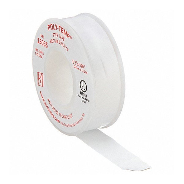 Thread Sealant Tape, Poly-Temp, Medium Density, 1/2 in W x 43 ft L, White