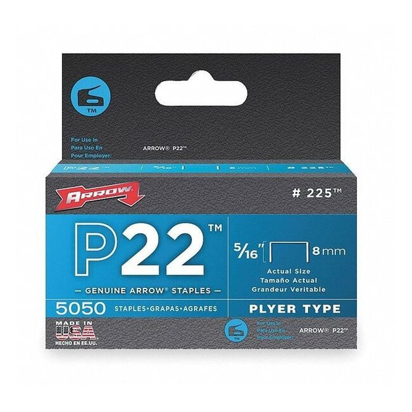 Light Duty Staples, P22, 24 ga, Flat Crown, 5/16 in Leg L, Steel, 5000 PK