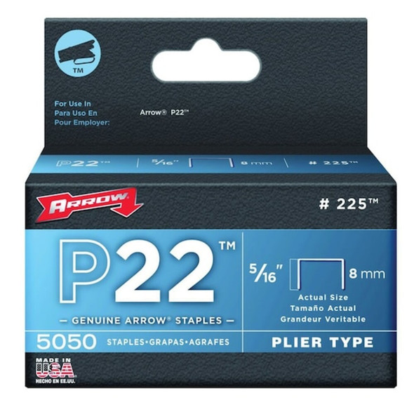 Light Duty Staples, P22, 24 ga, Flat Crown, 5-16 in Leg L, Steel, 5000 PK  225