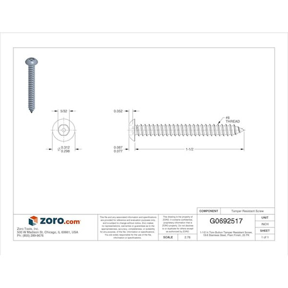 Tamper Resistant Screw, 1-1/2 in, Plain Finish, 18-8 Stainless Steel, Button Head Torx Drive, 25 PK