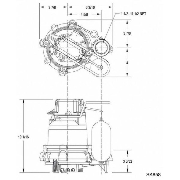 Submersible Sump Pump, 3/10 HP, 1 1/2 in F, Vert Float, 34 gpm Flow Rate at 10 Ft of Head, 9 ft Cord