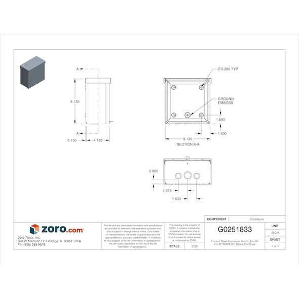 Wall Mount Electrical Enclosure, Screw On, Metallic, 8 in H, 8 in W, 4 in D, NEMA 3R, Carbon Steel