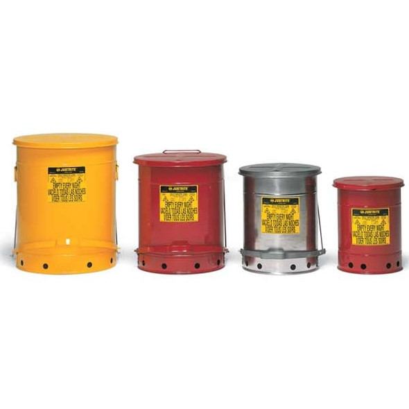 Justrite Oily Waste Can, 14 Gallon Capacity, Galvanized Steel, Red, Foot Operated Self Closing 09500