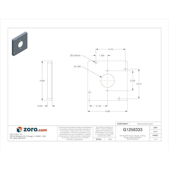 Raco Box Cover, Square Box Type, 2 Gang, Galvanized Steel, Single Receptacle Cover Type 887
