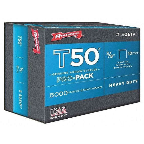 Heavy Duty Staples, T50, 18 ga, Flat Crown, 3/8 in Leg L, Steel, 5000 PK