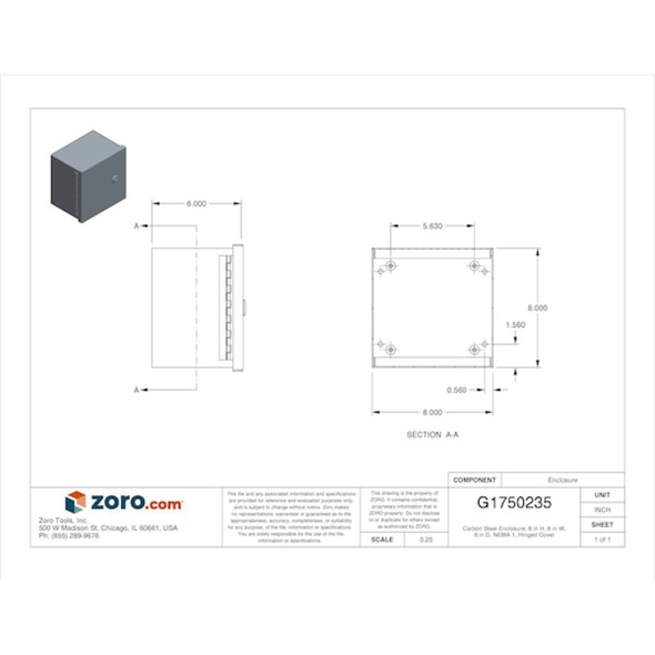 1-4 Turn Latch Electrical Enclosures, 8 in H, 6 in D, 8 in W, 1, Steel  N1C080806