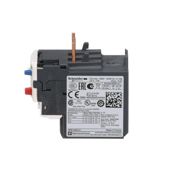 Schneider Electric Overload Relay, 1NC/1NO, 9 A Min current, 13 A Max current, 690V AC LRD16