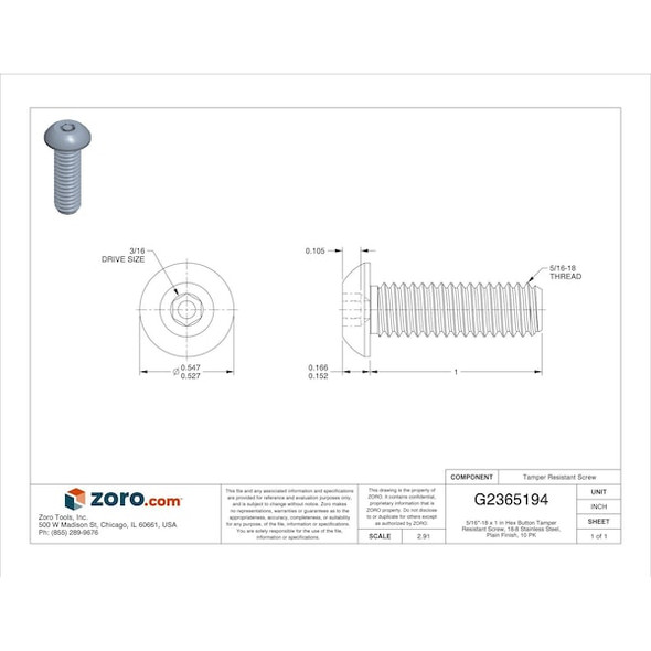 5/16"-18 x 1 in Hex Button Tamper Resistant Screw, Plain Finish, 18-8 Stainless Steel, 10 PK