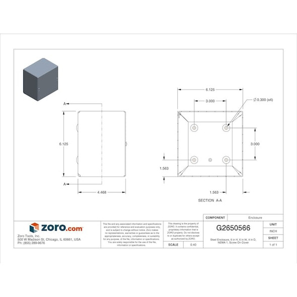 Wiegmann Captive Screws Electrical Enclosures, 6 in H, 4 in D, 6 in W, 1, Steel SC060604GNK