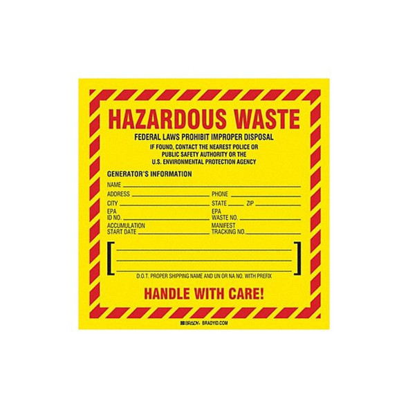 Brady DOT Handling Label, Vinyl, 6" W, 6" H 121155