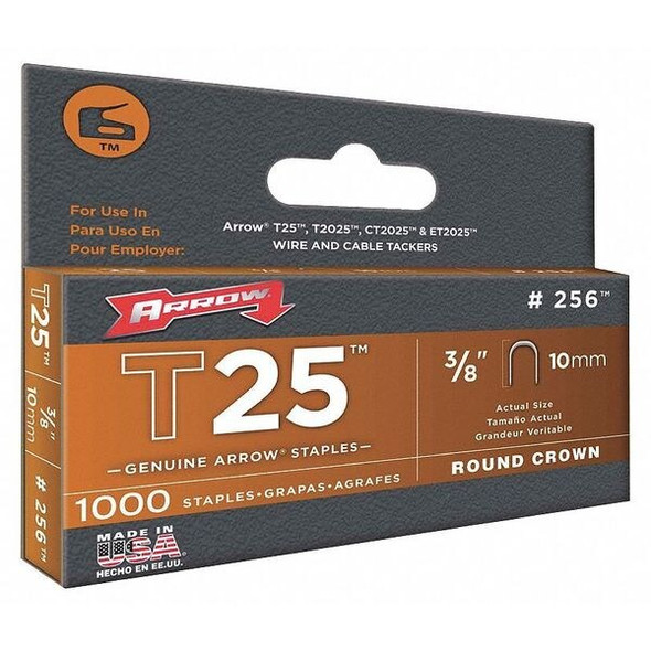 Cable Staples, T25, - ga, Round Crown, 3/8 in Leg L, Steel, 1000 PK