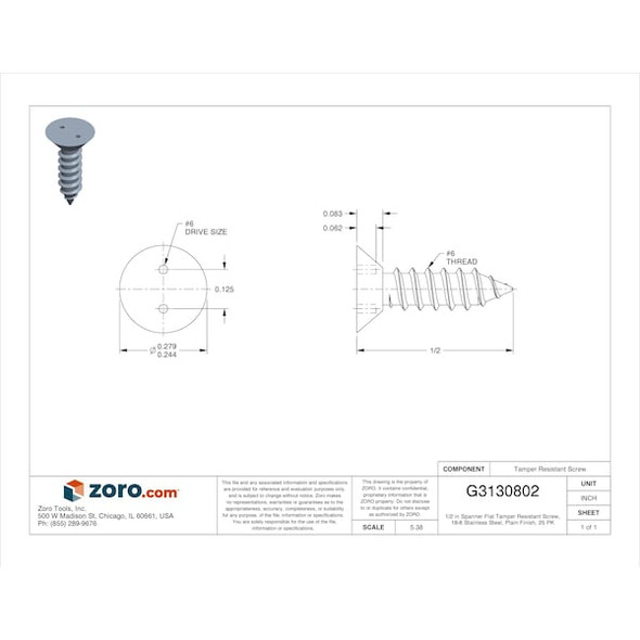 Tamper Resistant Screw, 1/2 in, Plain Finish, 18-8 Stainless Steel, Flat Head Spanner Drive, 25 PK