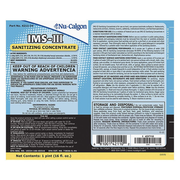 Nu-Calgon Ice Machine Sanitizing Concentrate, Nickel Safe, Liquid, 16 oz Bottle, Clear 4211-34