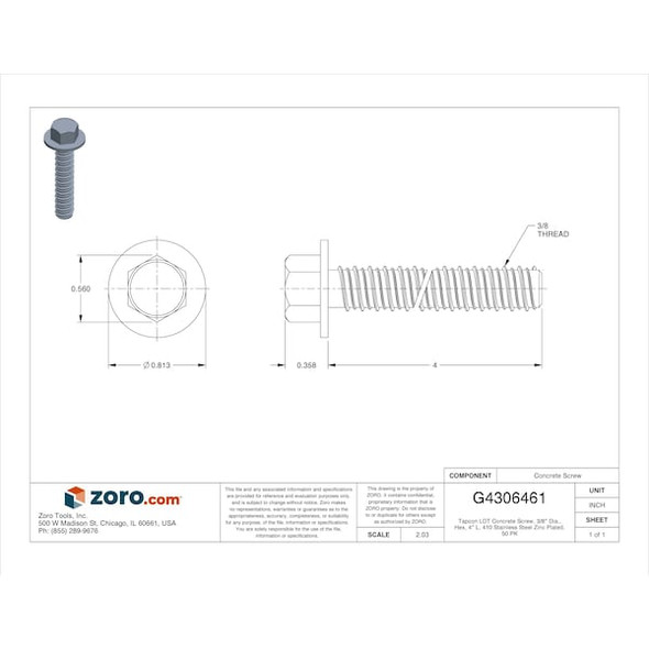 Tapcon LDT Concrete Screw, 3/8" Dia., Hex, 4" L, 410 Stainless Steel Zinc Plated, 50 PK
