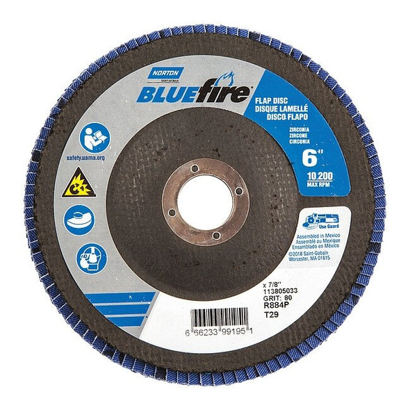 Norton Abrasives Flap Disc,6 In x 80 Grit,7/8 66623399195