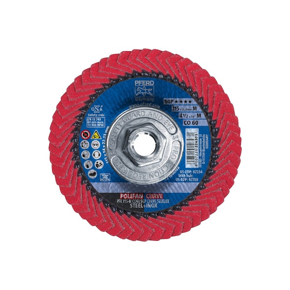 4-1/2" x 5/8-11 Thd. POLIFAN Flap Disc CO SGP CURVE STEELOX, Ceramic oxide, 60 Grit, Medium Radius