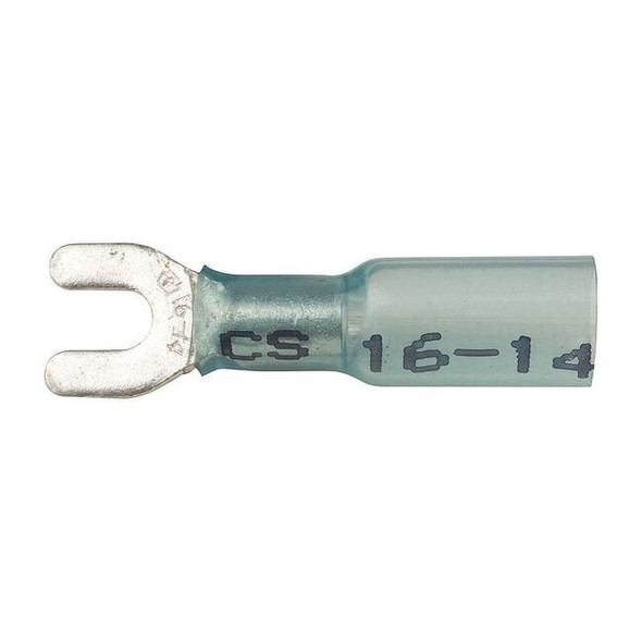 Fork Terminal, #6 Stud Size, 14 AWG, 600 V, Heat Shrink Insulated, Blue, 10 PK