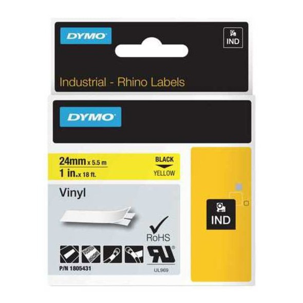 Dymo Label Tape Cartridge, Black/Yellow, Labels/Roll: Continuous 1805431