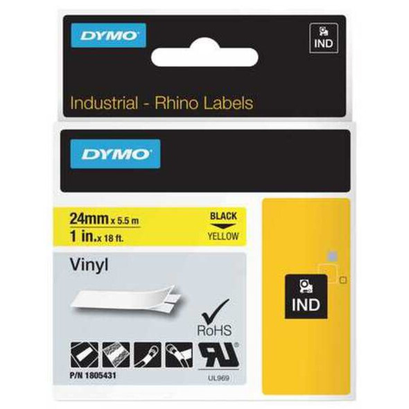 Dymo Label Tape Cartridge, Black/Yellow, Labels/Roll: Continuous 1805431