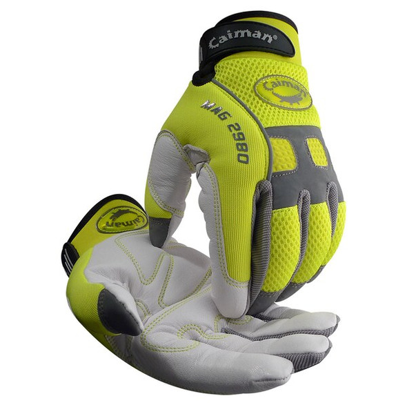 Caiman Hi-Vis Mechanics Gloves, Goat Grain Leather Palm, L, Yellow/White 2980-5