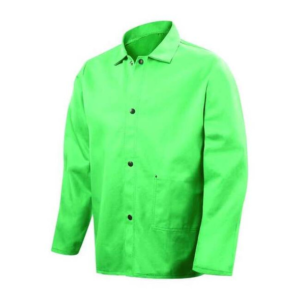 Welding Jacket, Cotton, 12 oz, 30 in Length, Snaps Closure, 2 Pockets, Green, M