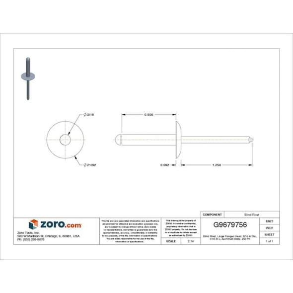 Blind Rivet, Flanged Head, 3-16 in Dia., 61-64 in L, Aluminum Body, 250 PK  U33191.018.0612