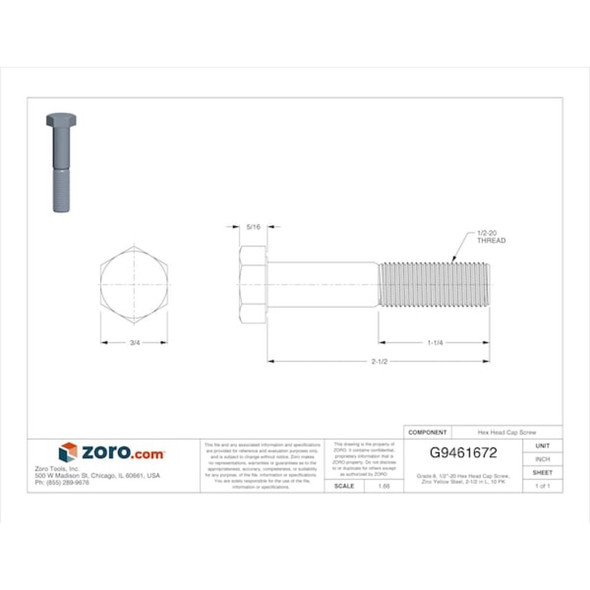 Grade 8, 1-2"-20 Hex Head Cap Screw, Zinc Yellow Steel, 2-1-2 in L, 10 PK  U04360.050.0250