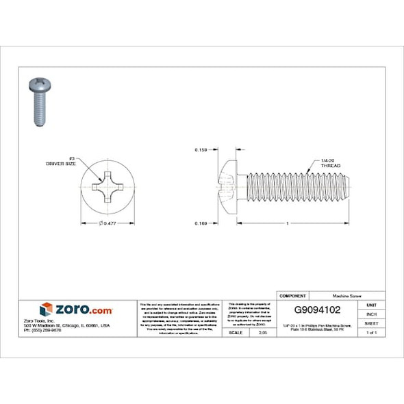 1/4"-20 x 1 in Phillips Pan Machine Screw, Plain 18-8 Stainless Steel, 50 PK