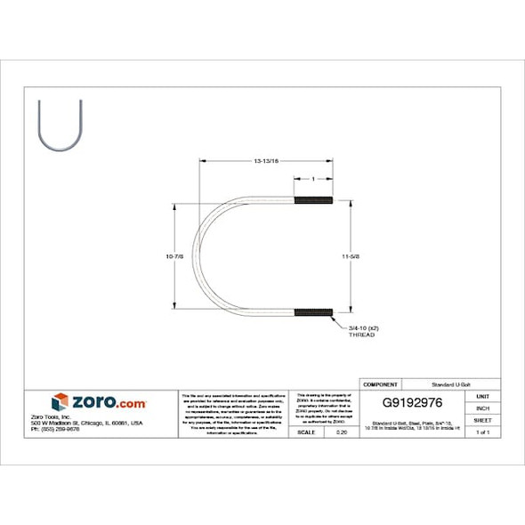 Round U-Bolt, 3/4"-10, 10 7/8 in W, 13 13/16 in H, Hot Dipped Galvanized Steel, 2 PK