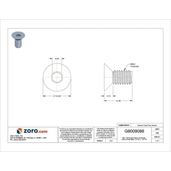 M6-1.00 Socket Head Cap Screw, Flat, Black Oxide Steel, 12 mm Length, 100 PK  M07400.060.0012
