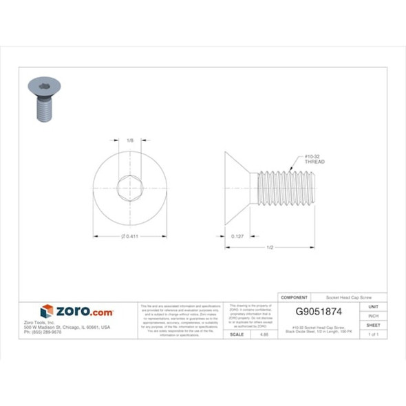 #10-32 Socket Head Cap Screw, Flat, Black Oxide Steel, 1-2 in Length, 100 PK  U07566.019.0050