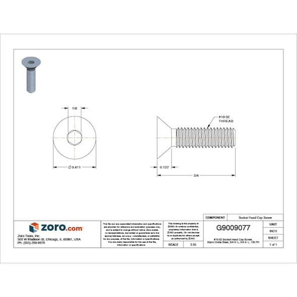 #10-32 Socket Head Cap Screw, Flat, Black Oxide Steel, 3/4 in Length, 100 PK