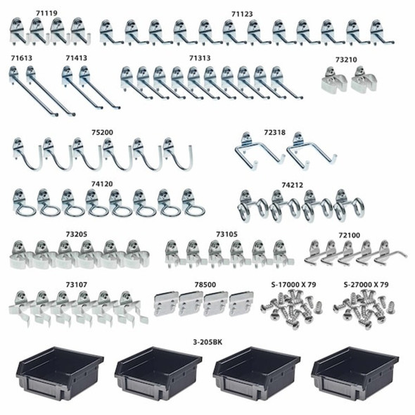 83 pc Steel Pegboard Hook & Bin Assortment for 1/8 In and 1/4 In Pegboard (79 Asst Hooks & 4 Bins)