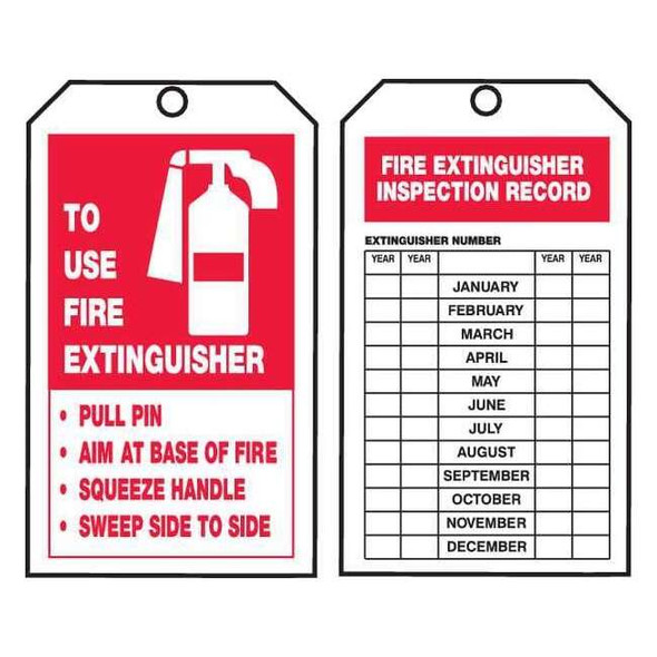 Tag, Fire Extinguisher, Cardstock, 6 1/4 in H x 3 in W, White, Rectangle, 250 PK