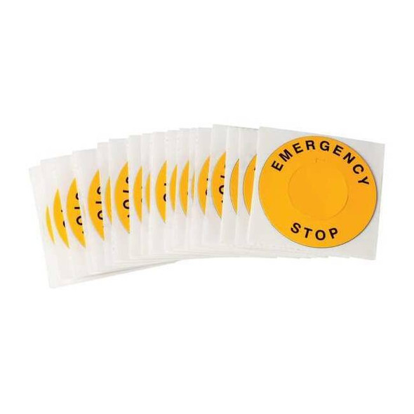 2.360" x 2-23/64", Legend Plate Label, Emergency Stop Legend, Black/Yellow,PK25