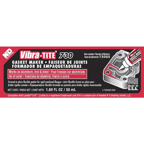 Vibra-Tite Anaerobic Gasket Sealant, 50 mL, Red, Temp Range -65 to 300 Degrees F 73050