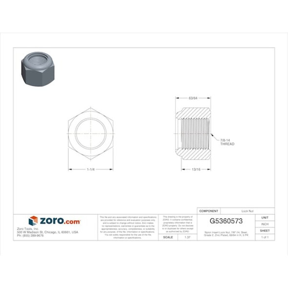 Nylon Insert Lock Nut, 7-8"-14, Steel, Grade 2, Zinc Plated, 63-64 in Ht, 5 PK  U12320.087.0002